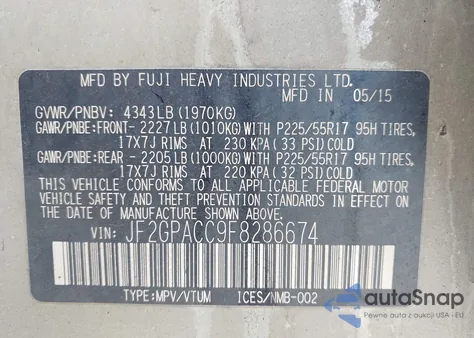 2015 Subaru Xv Crosstrek 2.0I Premium z USA, uszkodzony, nr VIN JF2GPACC9F8286674